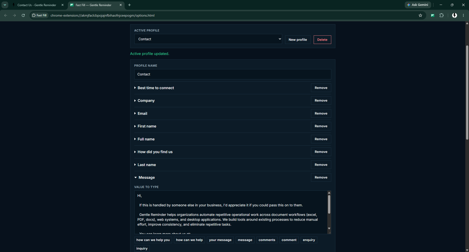 Fast Fill profile settings with fields and match phrases